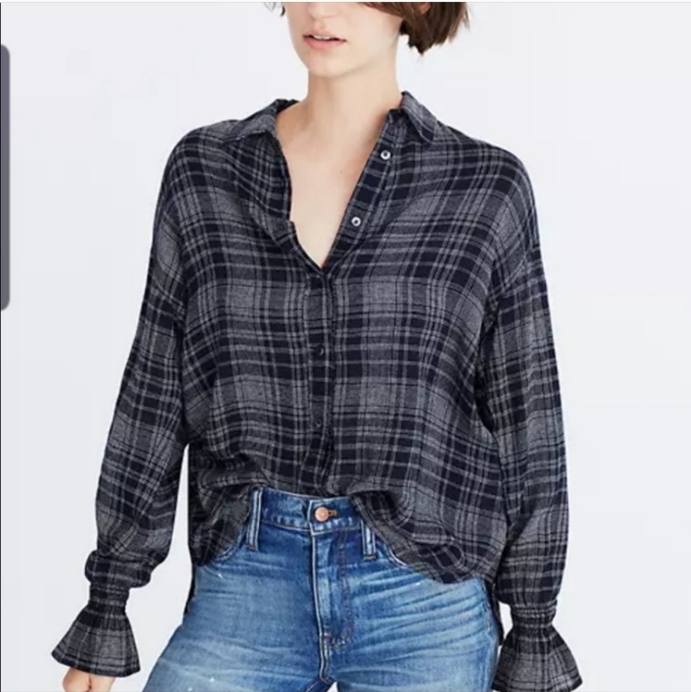 Madewell Westward Navy Blue White Plaid Cropped Button Up Bell Sleeve Flannel XL